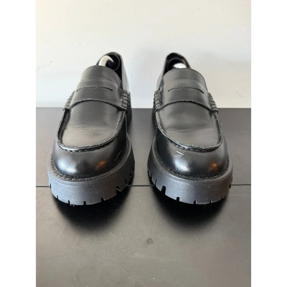 Steve Madden Langsten Black Leather Lug Sole Penny Loafers Women 10